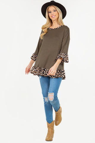 Shop Celeste Full Size Flounce Sleeve Leopard Trim Top - High-Quality U.S. Made Women’s Fashion with Free & Fast Shipping