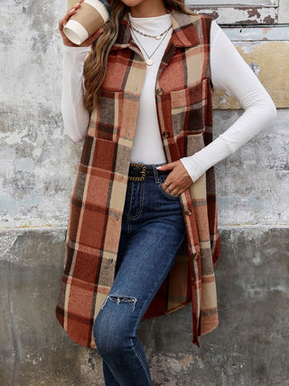 Shop Perfee Pocketed Button Up Plaid Vest - High-Quality U.S. Made Women’s Fashion with Free Fast Shipping