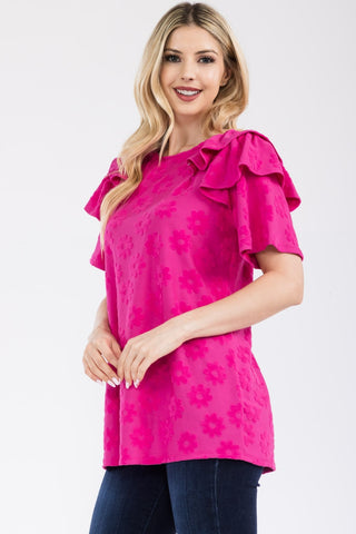 Shop Fuchsia Celeste Full Size Ruffle Layered Short Sleeve Daisy Floral Top - High-Quality U.S. Made Women’s Fashion with Free & Fast Shipping