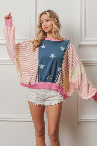 Shop BiBi Stars and Stripes Round Neck Long Sleeve Top - High-Quality U.S. Made Women’s Fashion with Free & Fast Shipping