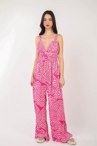 Shop VERY J Printed Pleated Sleeveless Wide Leg Jumpsuit - High-Quality U.S. Made Women’s Fashion with Free & Fast Shipping