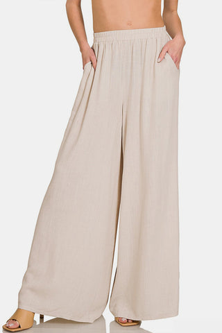 Shop Sand Beige Zenana Pleated Linen Blend Wide Leg Pants - High-Quality U.S. Made Women’s Fashion with Free & Fast Shipping