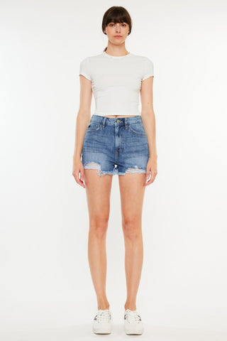 Shop Kancan Distressed Raw Hem High Waist Denim Shorts - High-Quality U.S. Made Women’s Fashion with Free & Fast Shipping