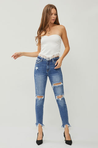 Shop RISEN Distressed Frayed Hem Slim Jeans - High-Quality U.S. Made Women’s Fashion with Free Fast Shipping