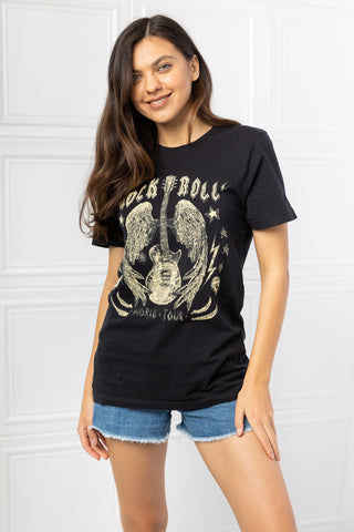 Shop Black mineB Full Size Rock & Roll Graphic Tee - High-Quality U.S. Made Women’s Fashion with Free & Fast Shipping