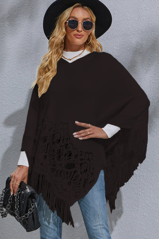 Shop Black Round Neck Fringe Detail Poncho - High-Quality U.S. Made Women’s Fashion with Free & Fast Shipping