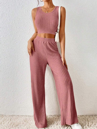 Shop Ribbed Round Neck Tank and Pants Sweater Set - High-Quality U.S. Made Women’s Fashion with Free Fast Shipping