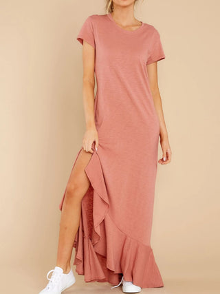 Shop Dusty Pink Slit Round Neck Short Sleeve Maxi Dress - High-Quality U.S. Made Women’s Fashion with Free & Fast Shipping