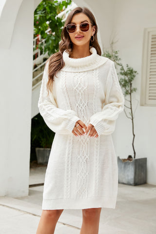 Shop Woven Right Mixed Knit Turtleneck Lantern Sleeve Sweater Dress - High-Quality U.S. Made Women’s Fashion with Free Fast Shipping