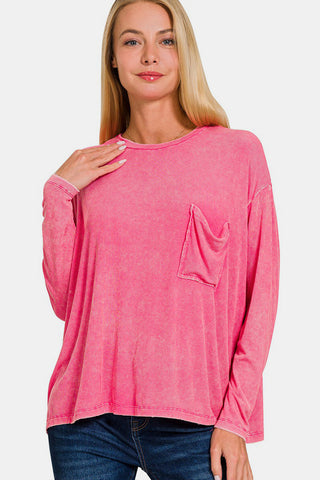 Shop FUCHSIA Zenana Round Neck Long Sleeve T-Shirt - High-Quality U.S. Made Women’s Fashion with Free & Fast Shipping