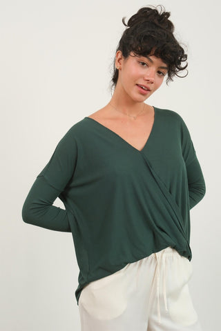 Shop Dark Green HYFVE Draped Drop Shoulder Long Sleeve Top - High-Quality U.S. Made Women’s Fashion with Free & Fast Shipping