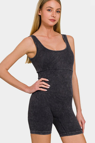 Shop Black Zenana Washed Ribbed Romper with Pad - High-Quality U.S. Made Women’s Fashion with Free & Fast Shipping