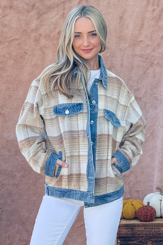 Shop And The Why Full Size Washed Denim Detail Brushed Plaid Jacket - High-Quality U.S. Made Women’s Fashion with Free & Fast Shipping