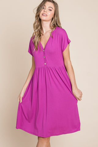 Shop Magenta BOMBOM V-Neck Short Sleeve Dress - High-Quality U.S. Made Women’s Fashion with Free & Fast Shipping