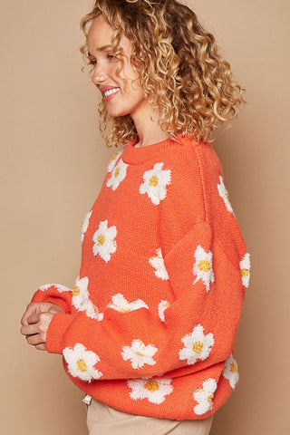 Shop POL Daisy Pattern Drop Shoulder Sweater - High-Quality U.S. Made Women’s Fashion with Free & Fast Shipping