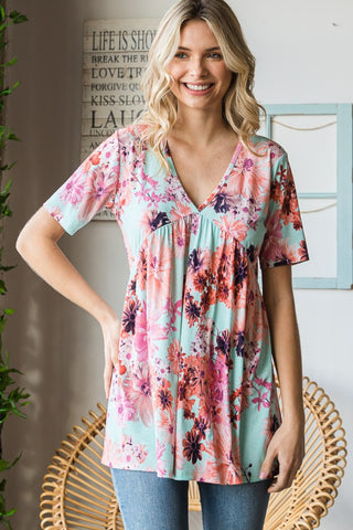 Shop MINT Heimish Full Size Floral V-Neck Short Sleeve Babydoll Blouse - High-Quality U.S. Made Women’s Fashion with Free & Fast Shipping