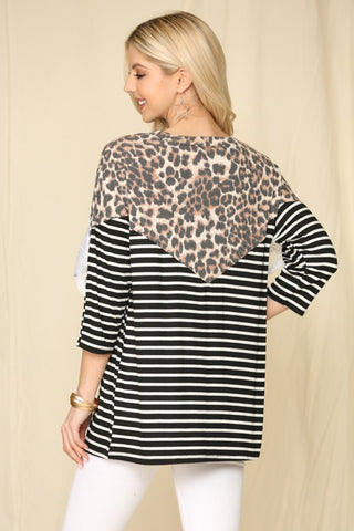 Shop Celeste Full Size Leopard Spliced Stripe T-Shirt with Lace Detail - High-Quality U.S. Made Women’s Fashion with Free & Fast Shipping