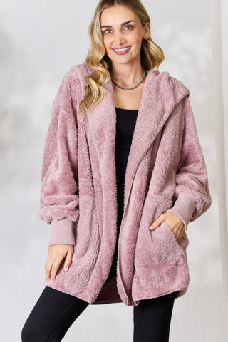 Shop DUSTY LILAC One Size H&T Faux Fur Open Front Hooded Jacket - High-Quality U.S. Made Women’s Fashion with Free & Fast Shipping