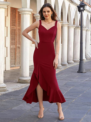 Shop Burgundy Ruffled Sweetheart Neck Fishtail Cami Dress - High-Quality U.S. Made Women’s Fashion with Free & Fast Shipping