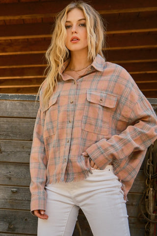 Shop And The Why Full Size Plaid Button Up Raw Hem Shirt - High-Quality U.S. Made Women’s Fashion with Free & Fast Shipping