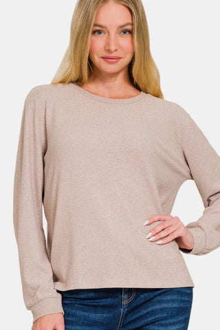 Shop Ash Mocha Zenana Hacci Round Neck Long Sleeve T-Shirt - High-Quality U.S. Made Women’s Fashion with Free & Fast Shipping