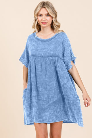 Shop New Dusty Blue Culture Code Full Size Short Sleeve Babydoll Texture Dress with Pockets - High-Quality U.S. Made Women’s Fashion with Free & Fast Shipping