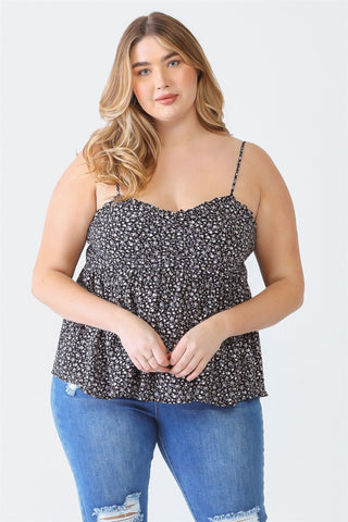 Shop Black Zenobia Plus Size Frill Smocked Floral Sweetheart Neck Cami - High-Quality U.S. Made Women’s Fashion with Free & Fast Shipping