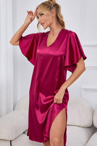 Shop Satin Flutter Sleeve Side Slit V-Neck Night Dress - High-Quality U.S. Made Women’s Fashion with Free & Fast Shipping