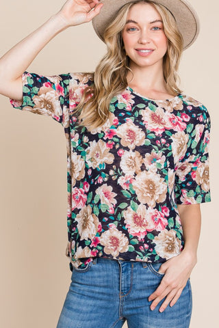 Shop Navy BOMBOM Floral Round Neck T-Shirt - High-Quality U.S. Made Women’s Fashion with Free & Fast Shipping