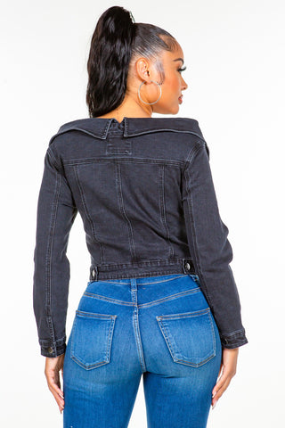 Shop American Bazi Off Shoulder Lace Up Denim Jacket - High-Quality U.S. Made Women’s Fashion with Free & Fast Shipping