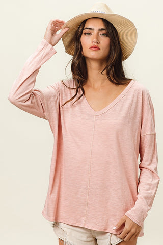 Shop BLUSH BiBi Exposed Seam V-Neck Long Sleeve T-Shirt - High-Quality U.S. Made Women’s Fashion with Free & Fast Shipping