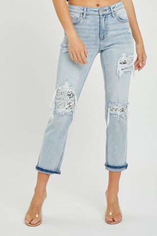 Shop Light RISEN Mid-Rise Sequin Patched Jeans - High-Quality U.S. Made Women’s Fashion with Free & Fast Shipping