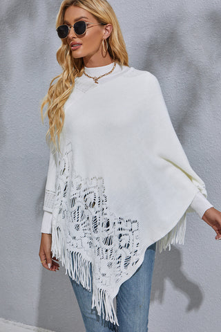 Shop Round Neck Fringe Detail Poncho - High-Quality U.S. Made Women’s Fashion with Free & Fast Shipping