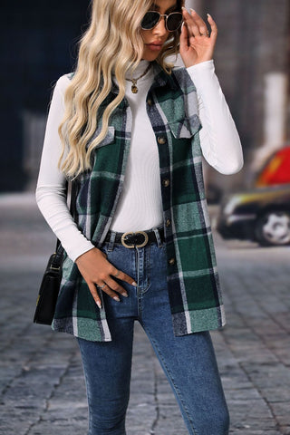 Shop Dark Green Plaid Button Up Vest Coat - High-Quality U.S. Made Women’s Fashion with Free & Fast Shipping