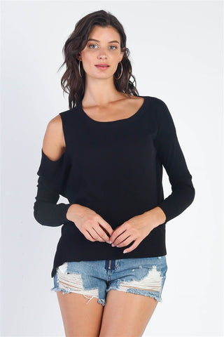 Shop Black UNIQ Cold Shoulder Long Sleeve Knit Top - High-Quality U.S. Made Women’s Fashion with Free & Fast Shipping