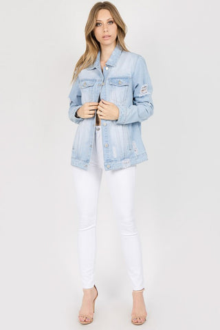 Shop American Bazi Letter Patched Distressed Denim Jacket - High-Quality U.S. Made Women’s Fashion with Free & Fast Shipping