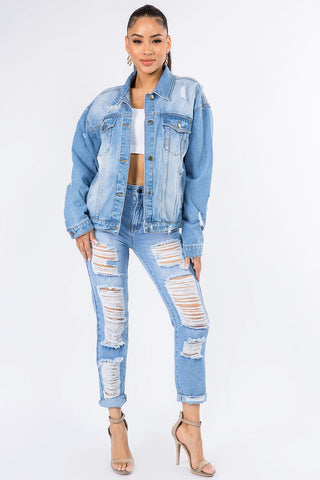 Shop American Bazi Graphic Distressed Long Sleeve Denim Jacket - High-Quality U.S. Made Women’s Fashion with Free & Fast Shipping