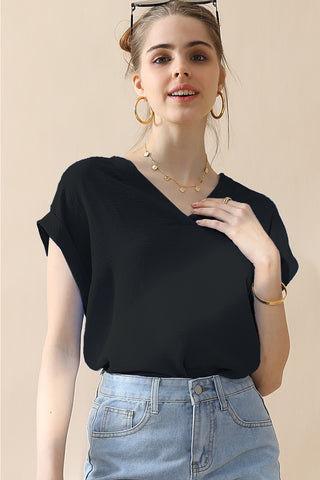 Shop BLACK Ninexis V-Neck Trim Rolled Short Sleeve Shirt - High-Quality U.S. Made Women’s Fashion with Free & Fast Shipping