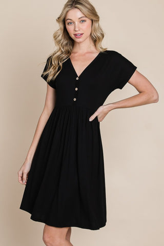 Shop Black BOMBOM V-Neck Short Sleeve Dress - High-Quality U.S. Made Women’s Fashion with Free & Fast Shipping