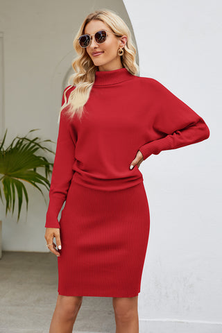 Shop Red Ribbed Mock Neck Long Sleeve Dress - High-Quality U.S. Made Women’s Fashion with Free & Fast Shipping