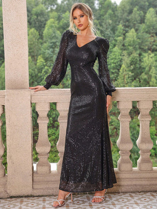 Shop Sequin V-Neck Lantern Sleeve Maxi Dress - High-Quality U.S. Made Women’s Fashion with Free & Fast Shipping