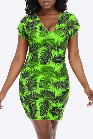 Shop Neon Green Botanical Print Bikini Set with Swim Dress - High-Quality U.S. Made Women’s Fashion with Free & Fast Shipping