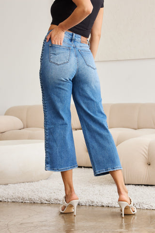 Shop Judy Blue Full Size Braid Side Detail Wide Leg Jeans - High-Quality U.S. Made Women’s Fashion with Free & Fast Shipping