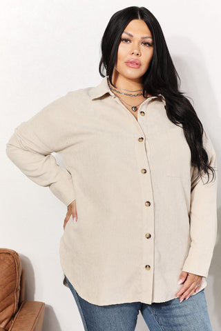 Shop HEYSON Full Size Oversized Corduroy Button-Down Tunic Shirt with Bust Pocket - High-Quality U.S. Made Women’s Fashion with Free & Fast Shipping