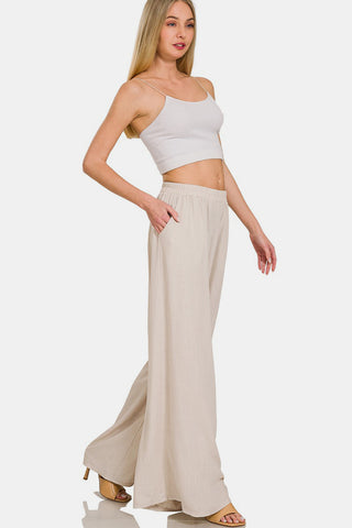 Shop Zenana Pleated Linen Blend Wide Leg Pants - High-Quality U.S. Made Women’s Fashion with Free & Fast Shipping