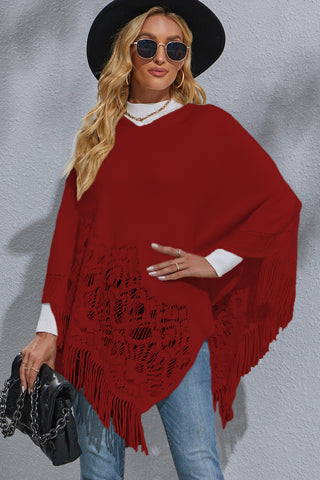 Shop Round Neck Fringe Detail Poncho - High-Quality U.S. Made Women’s Fashion with Free Fast Shipping