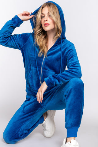 Shop ACTIVE BASIC Faux Fur Zip Up Long Sleeve Hoodie and Joggers Set - High-Quality U.S. Made Women’s Fashion with Free Fast Shipping