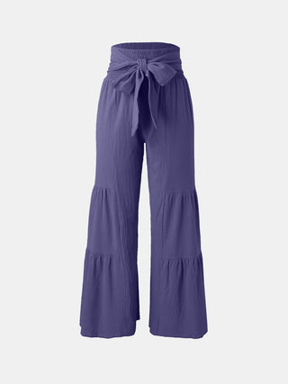 Shop Light Indigo Tied Ruched Wide Leg Pants - High-Quality U.S. Made Women’s Fashion with Free & Fast Shipping