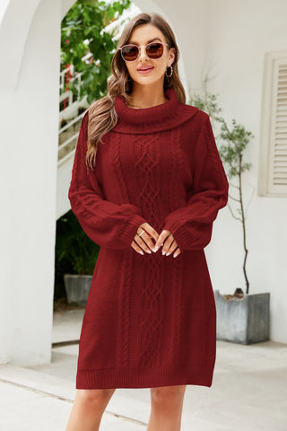 Shop Woven Right Mixed Knit Turtleneck Lantern Sleeve Sweater Dress - High-Quality U.S. Made Women’s Fashion with Free Fast Shipping