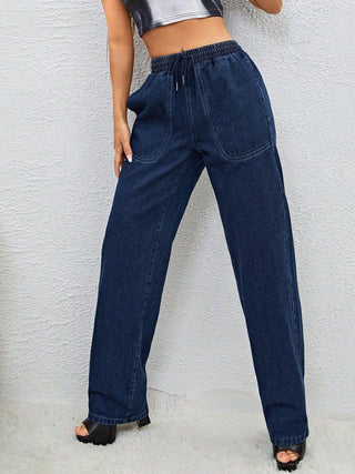 Shop Drawstring Elastic Waist Jeans with Pockets - High-Quality U.S. Made Women’s Fashion with Free & Fast Shipping